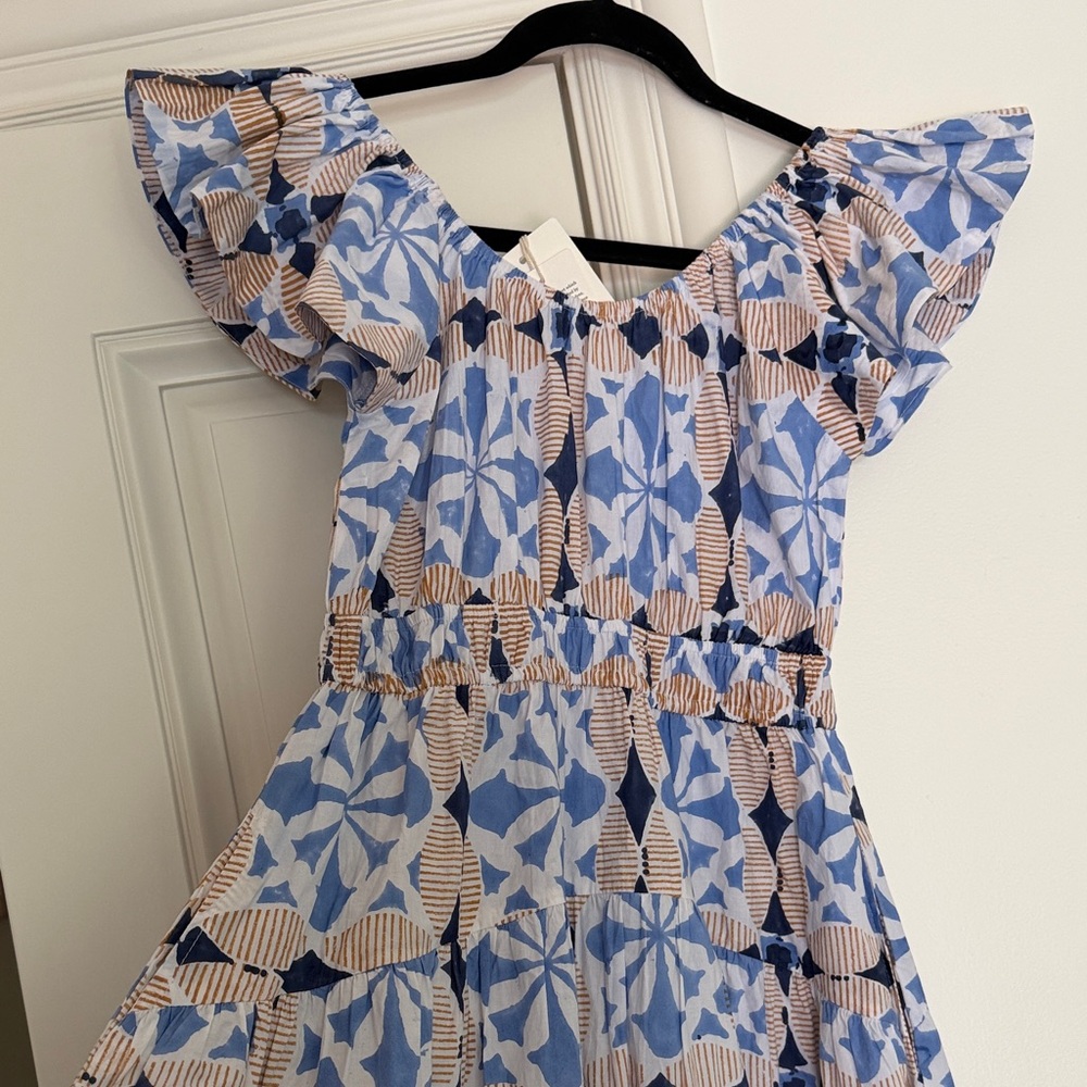Marea Blue and Beige Tile Block Print Off-Shoulder Midi Dress - Picture 4 of 4